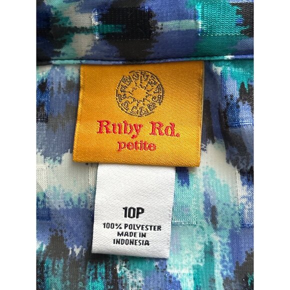 Ruby Rd. Petite Button-Up Tunic Top 10P Blue & Green Abstract Print 3/4 Sleeves - Picture 4 of 7